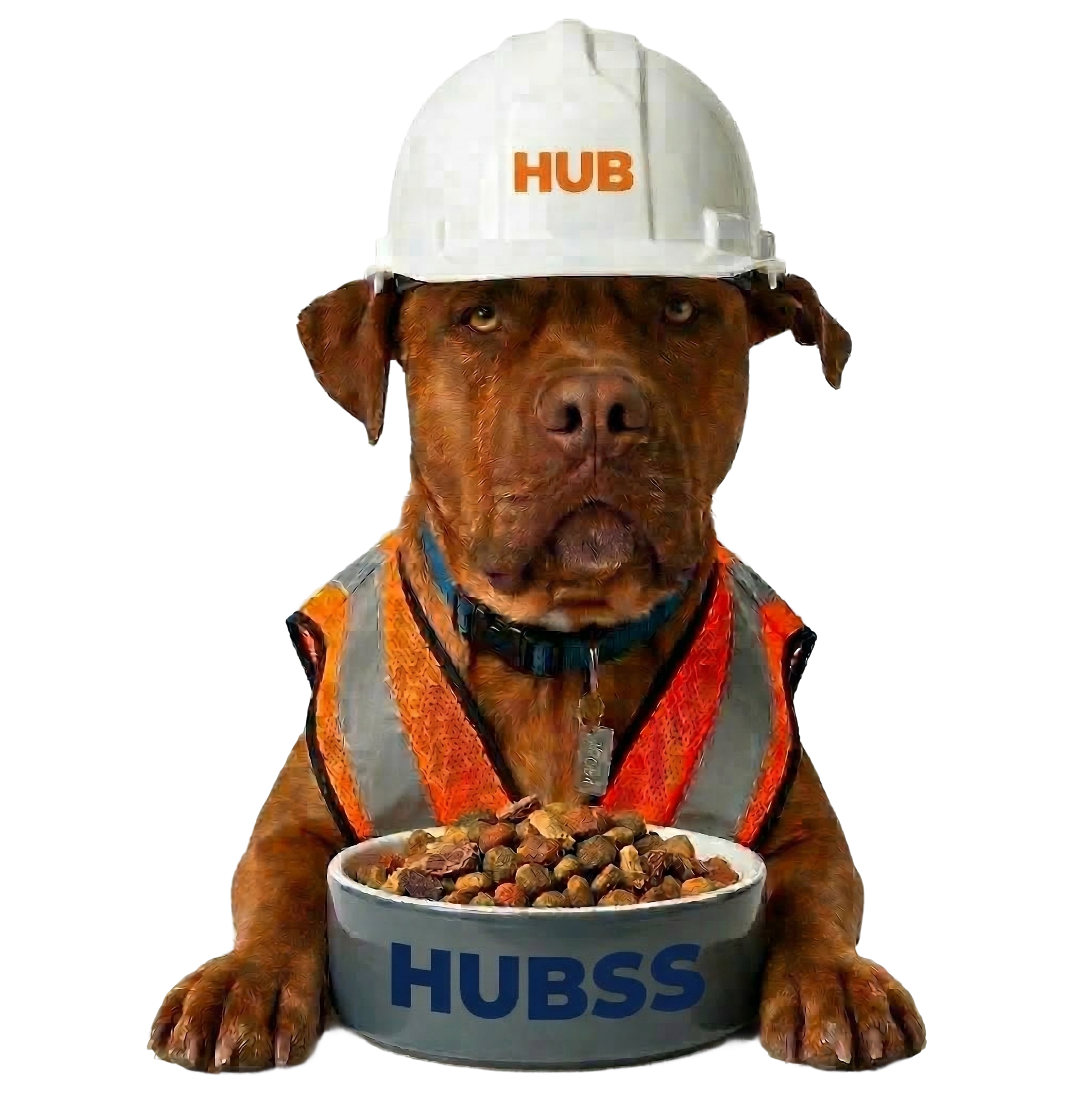 Moose, the HUB Surface Systems site dog, in his hard hat and safety vest