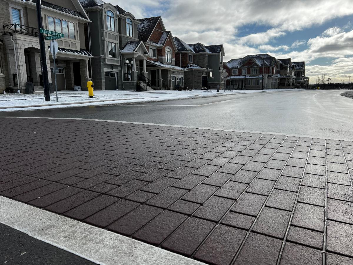 TrafficPatternsXD brick-pattern crosswalk in the Woodbridge Heritage Conservation District, City of Vaughan